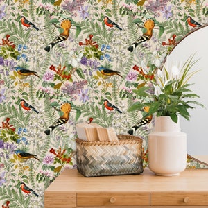 Cute Wallpaper with Birds and Flowers - Peel and Stick Accent Wall Design