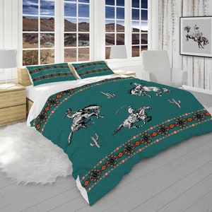 Southwest Comforter and Pillow Shams, Teal Bedding, Cowboy Comforter, King, Queen, Twin, Twin XL Size, Southwestern Bedroom Decor