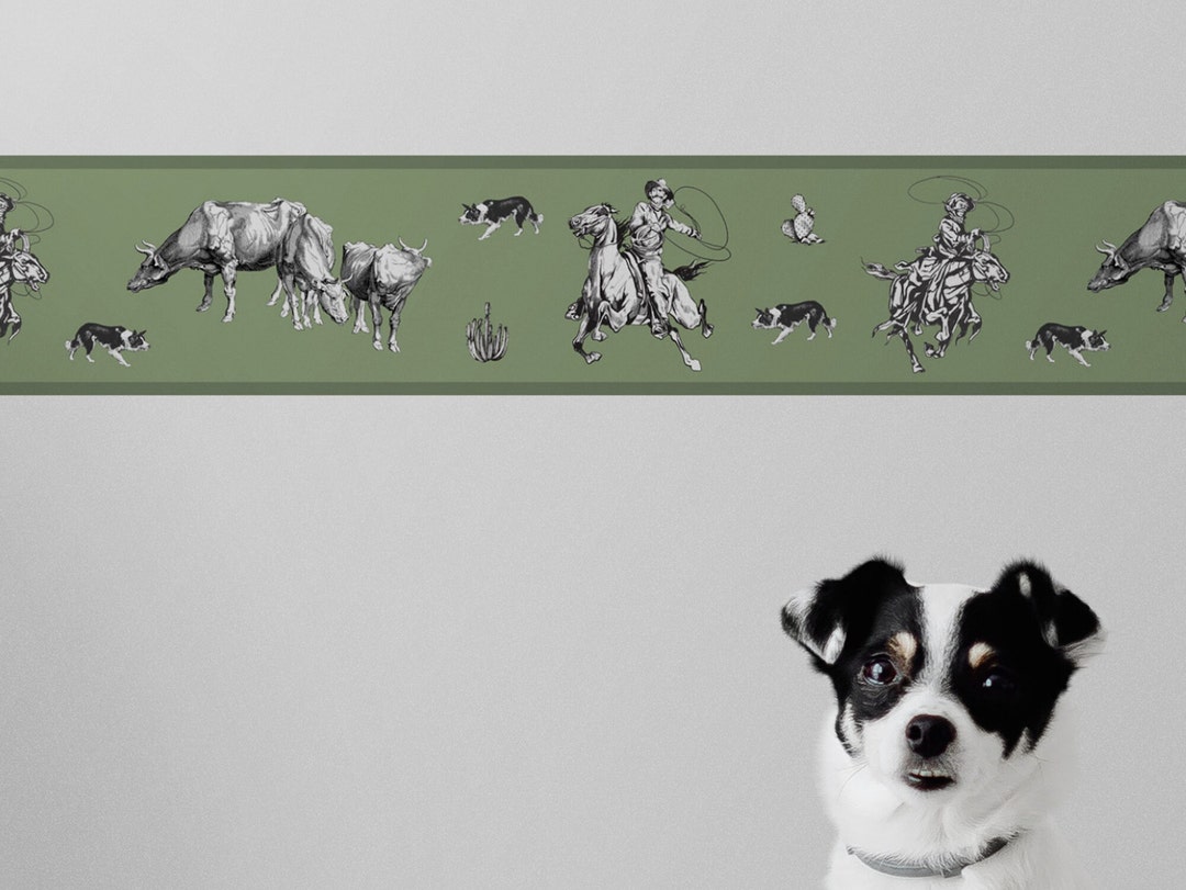 Sage Green Wallpaper Border, Western Wall Paper Border With Cowboy and