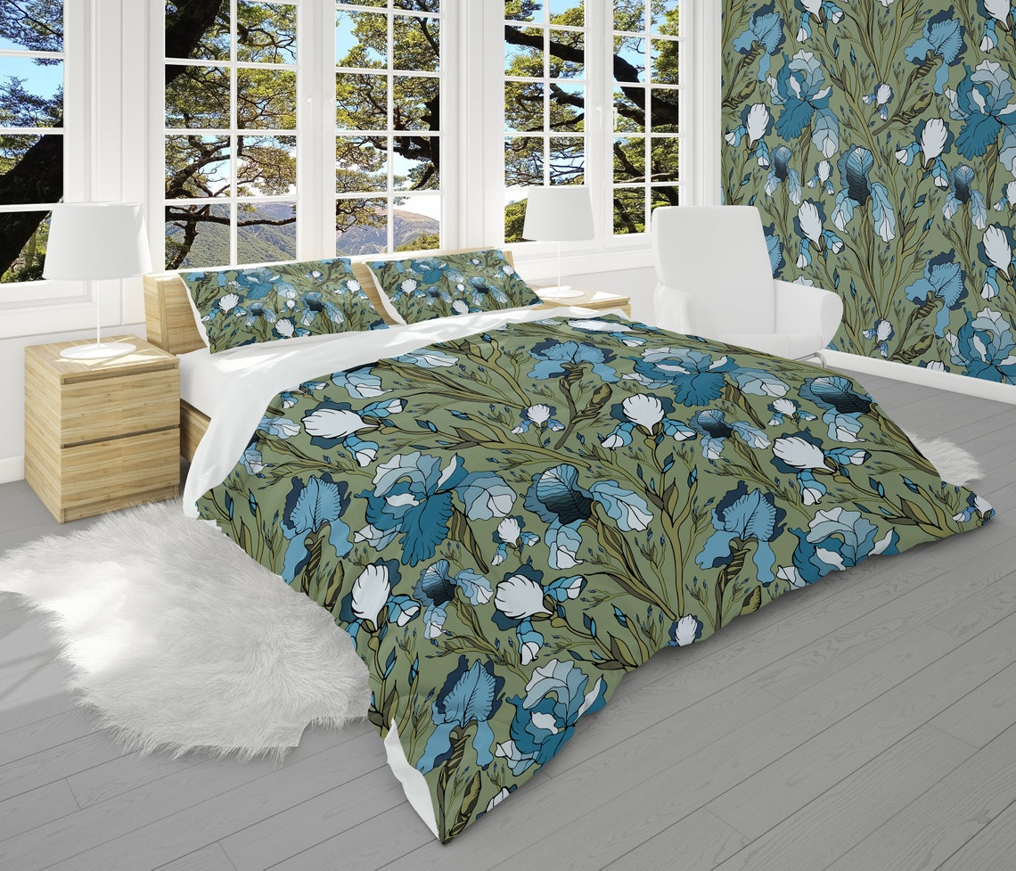 Sage Bedding Set Iris Flowers Comforter and Pillowcases Art Etsy