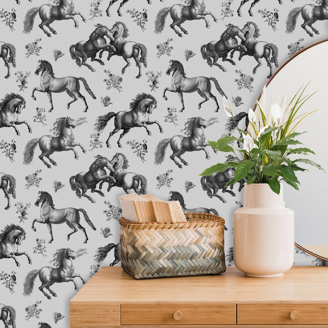 Monochrome Gray Wallpaper, Horse Wall Paper, Equine Decor, Wall Paper