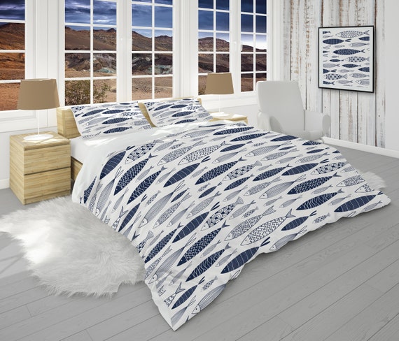Blue White Comforter Set With Pillow Shams Bedding With Fish Nautical Home Decor Lake House Bedding Cabin Decor Etsy