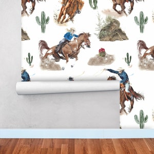 Cowboy and Cowgirl Wallpaper,  Southwestern Traditional Wall Paper with Horses, Watercolor Horse Wall Decor