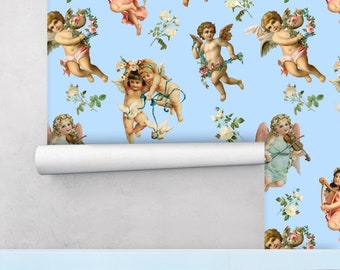Cupid Wallpaper, Blue Wallpaper with Angel, Traditional Wallpaper, Nursery Wallpaper, Kid Room Wall Decor