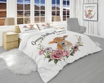 Custom Farmhouse  Bedding, Cow Comforter, Floral Pillow Shams, Personalized Bedding, Bedroom Accessories with Farm Name