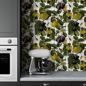 Rustic Wallpaper with Fruits, Green Botanical Wall Decor, Garden Wall Paper, Shabby Chic Decor, Country Wall Decor