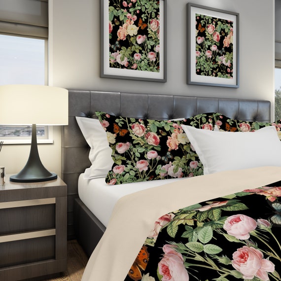 Roses Duvet Cover, Black Bedding With Peonies, Queen, Twin Duvet