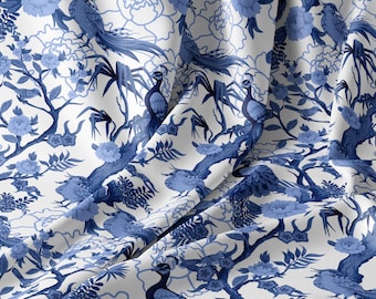 Tissu paon chinoiserie : coton floral oiseaux, couture et courtepointe