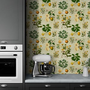 Citrus Wallpaper, Botanical Wallpaper, Garden Wall Decal Peel and Stick, Vintage Floral Wall Decor