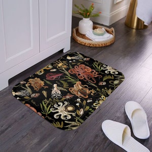 Black Bath Mat with Octopus, Dark  Bathroom Rug with Kraken, Bath Mat Set,  Beach House Décor