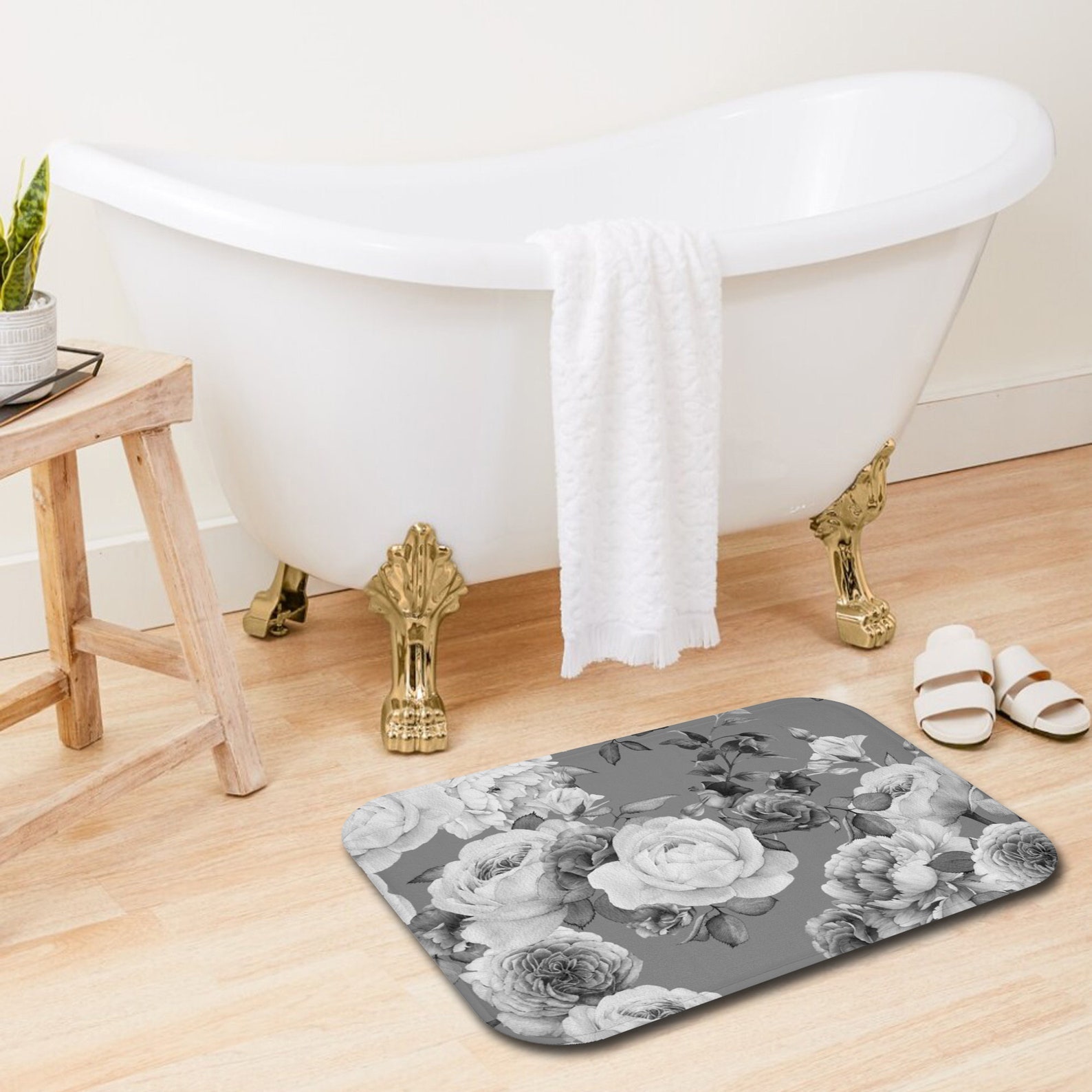 Bath Mat Floral Black and White Bath Rug With Flowers Etsy