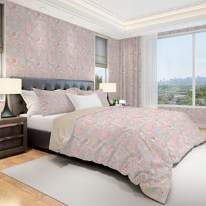Pink Floral Duvet Cover, Pastel Bedding Set with Pillow Shams, Feminine Bedroom Decor