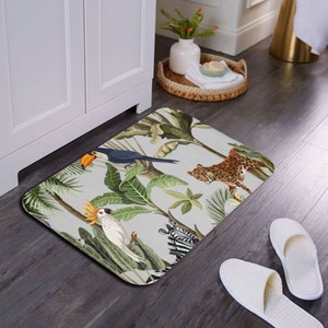 Bath Mat with Animals, Kid Bath Rug, Tropical Bathmat, Jungle Bathroom Decor