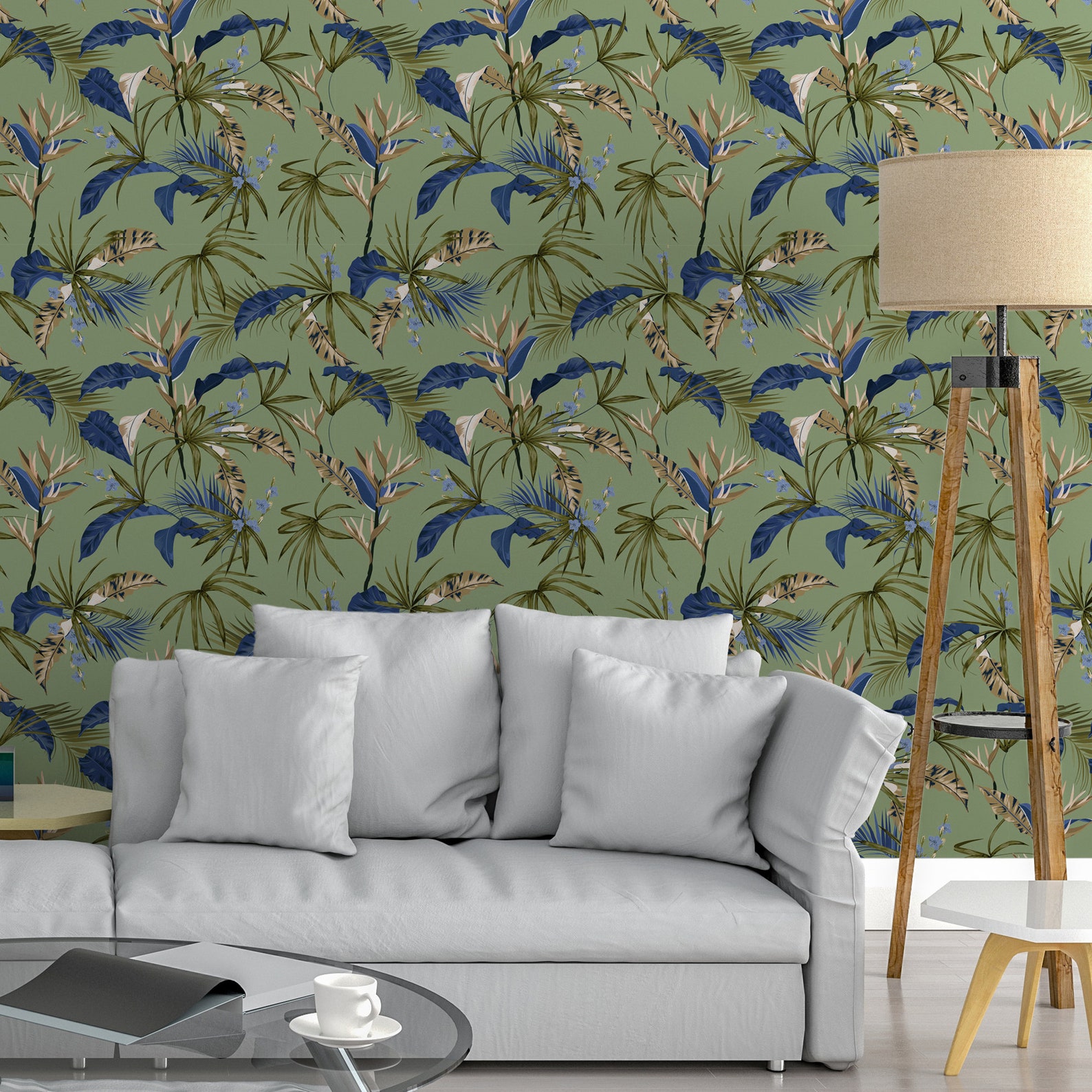 Tropical Wallpaper Selfadhesive Wall Decal Blue Leaves Wall Etsy