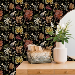 Sea Wallpaper, Black Wall Paper with Octopus , Underwater Removable Wallpaper Peel and Stick