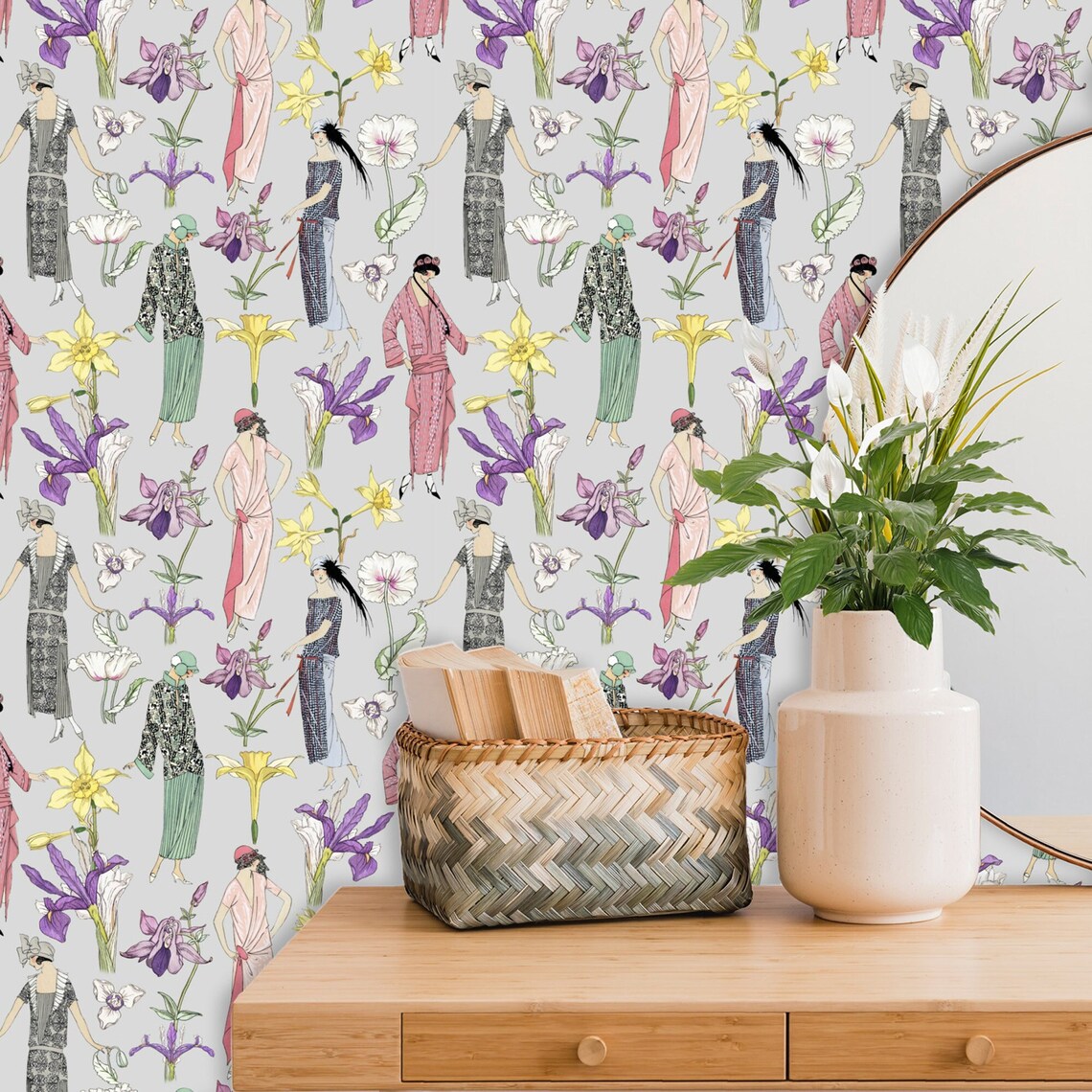 Art Nouveau Wallpaper Art Deco Wall Paper Women Wall Décor Etsy