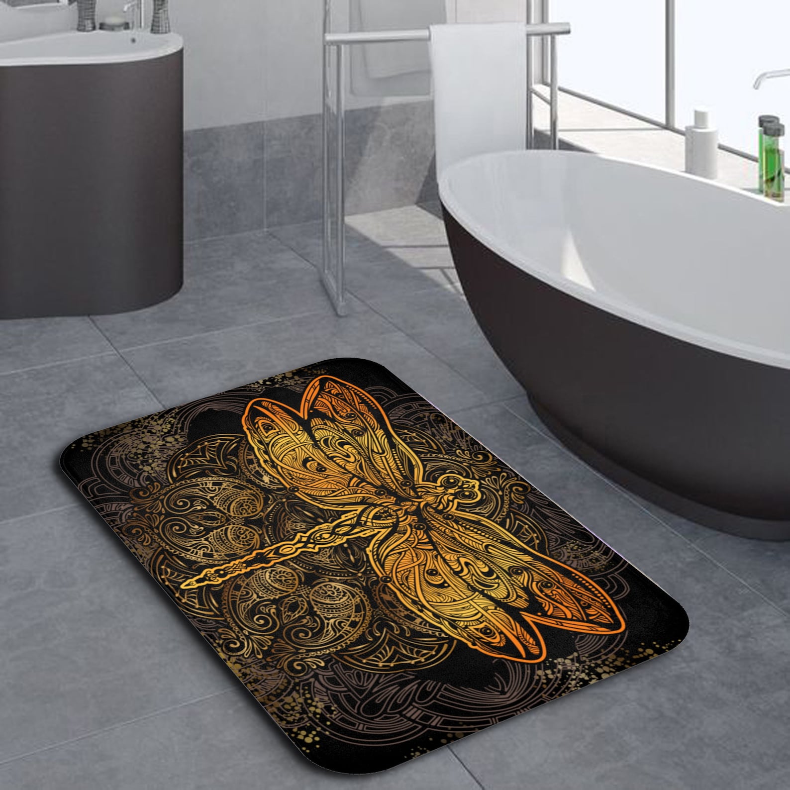 Bath Mat Black Dragonfly Bath Rug Art Deco Bathroom Etsy