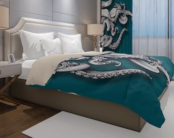 Turquoise Duvet Cover with Octopus, Queen Twin Size Duvet Cover, Teal Bedding