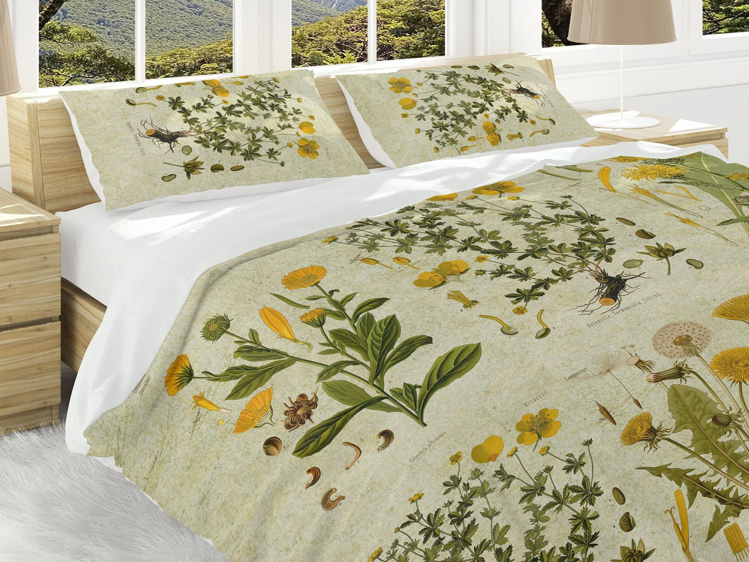 SexyTown - Set Biancheria Da Letto In Cotone 3 Pezzi Full/Queen Con Motivo Botanico Ramo D'Albero - Grigio E Bianco Reversibile (Piumino 90x90 Cm) - 2