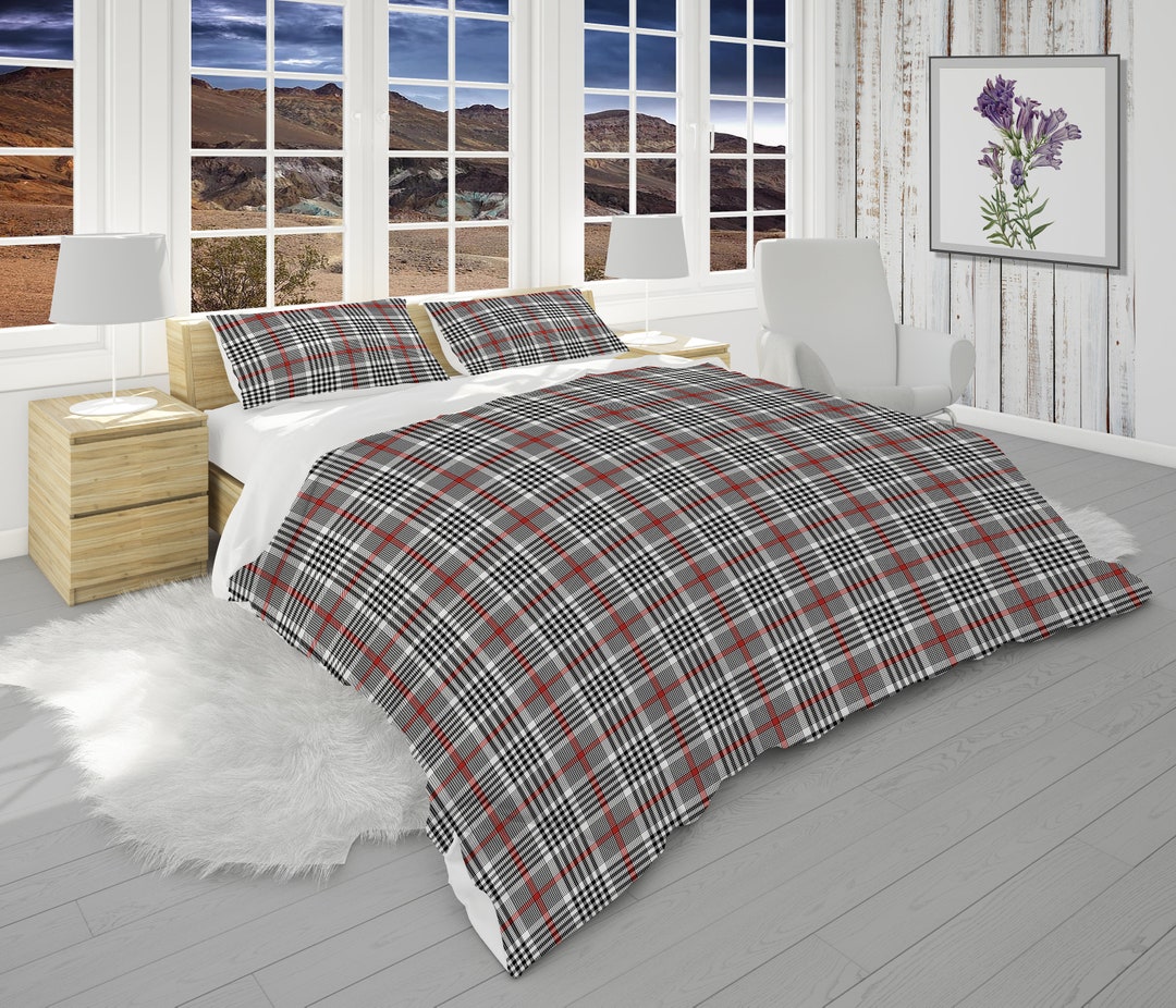 Gray Comforter With Checkered Pillow Shams, Cute Plaid Bedding Set