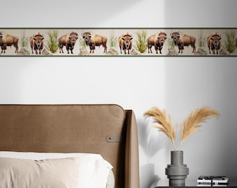 Wallpaper Border Peel and Stick with Bison, Rustic Wildlife Wall Decor, Nature-Themed Decor