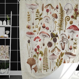 Retro Shower Curtain with Mushrooms and Leaves, Botanical Bathroom Décor, Country Home Décor