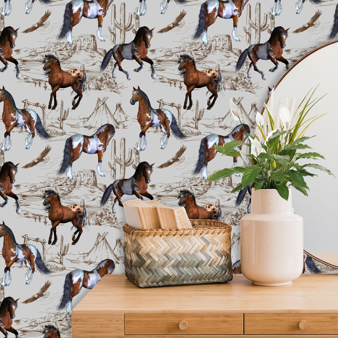 Horse Wallpaper Peel and Stick, Southwestern Wall Decor, Mustang Wall