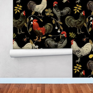 May include: Black and white wallpaper with a repeating pattern of roosters and floral elements. The roosters are in various poses, some with red combs and wattles.
