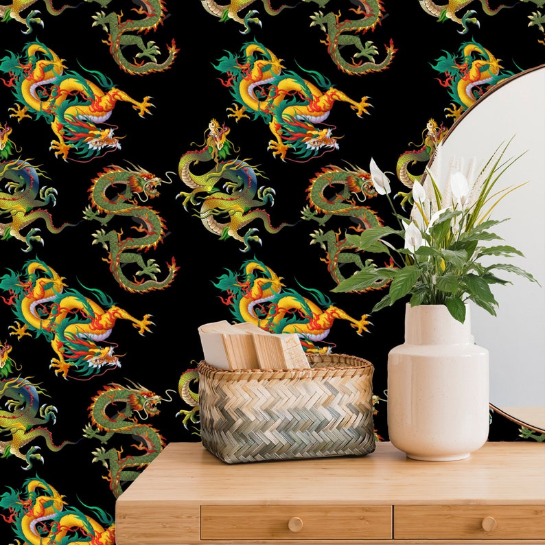 Dark Chinoiserie Wallpaper Dragon Wall Paper Peel and Stick - Etsy Israel
