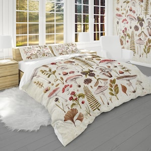 Mushroom comforter, Retro Bedroom Decor, Blanket for Bed Queen, King, Twin Size and Botanical Pillow Shams
