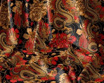Dragon Fabric Panel: Asian Floral Print, Pima Cotton