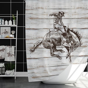 Rustic Southwest Shower Curtain with Cowboy, Barn Wood Shower Curtain, Southwestern Decor, Farmhouse Bathroom