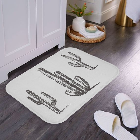 Grey Bath Mat, Cactus Bath Rug in Black & White, Western Bathroom Décor, Southwestern Bathroom Accessories