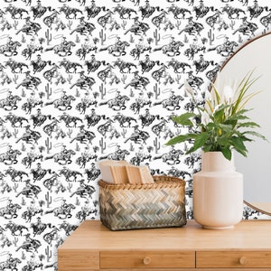 Southwestern Wallpaper with Horses, Western Cowboy Wall Paper, Ranch Wall Decor, Removable Vintage Wallpaper