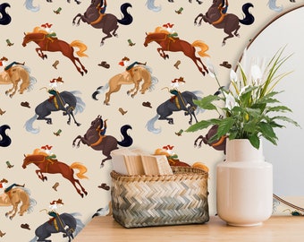 Girly Wallpaper, Equestrian Decor, Cowgirl Room Décor,  Beige Wall Paper with Rider