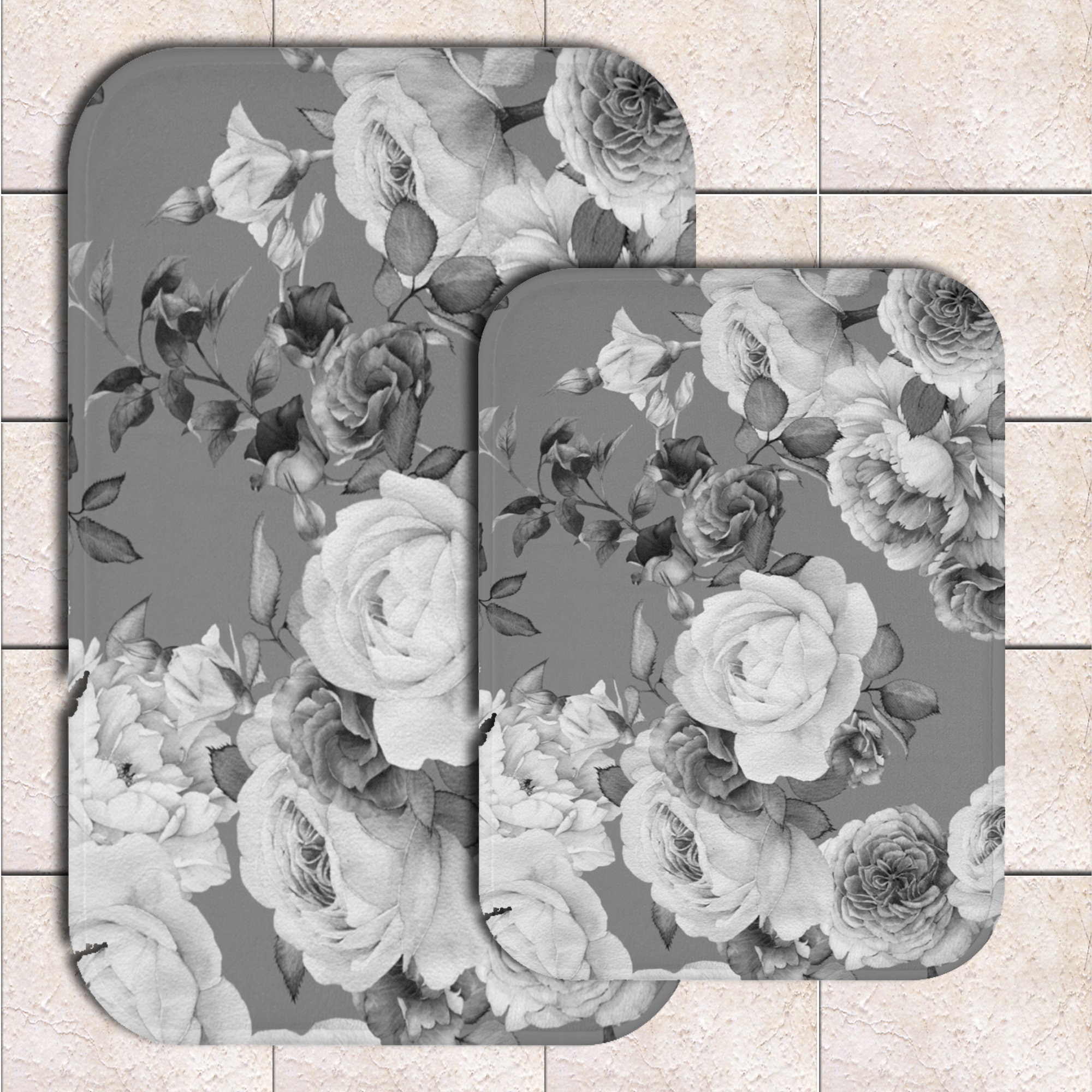 Bath Mat Floral Black and White Bath Rug With Flowers | Etsy