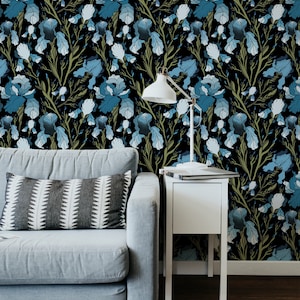 Art Nouveau Wallpaper with Iris Flowers, Dark Wallpaper Peel & Stick, Removable Wall Decal, Art Deco Wall Décor