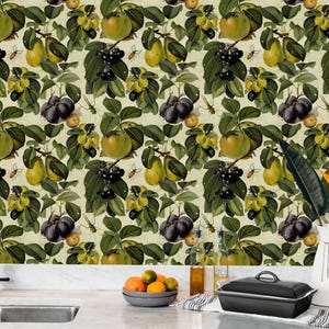 Papier peint fruits, papier peint botanique vert, jardin papier peint autocollant, décoration murale champêtre