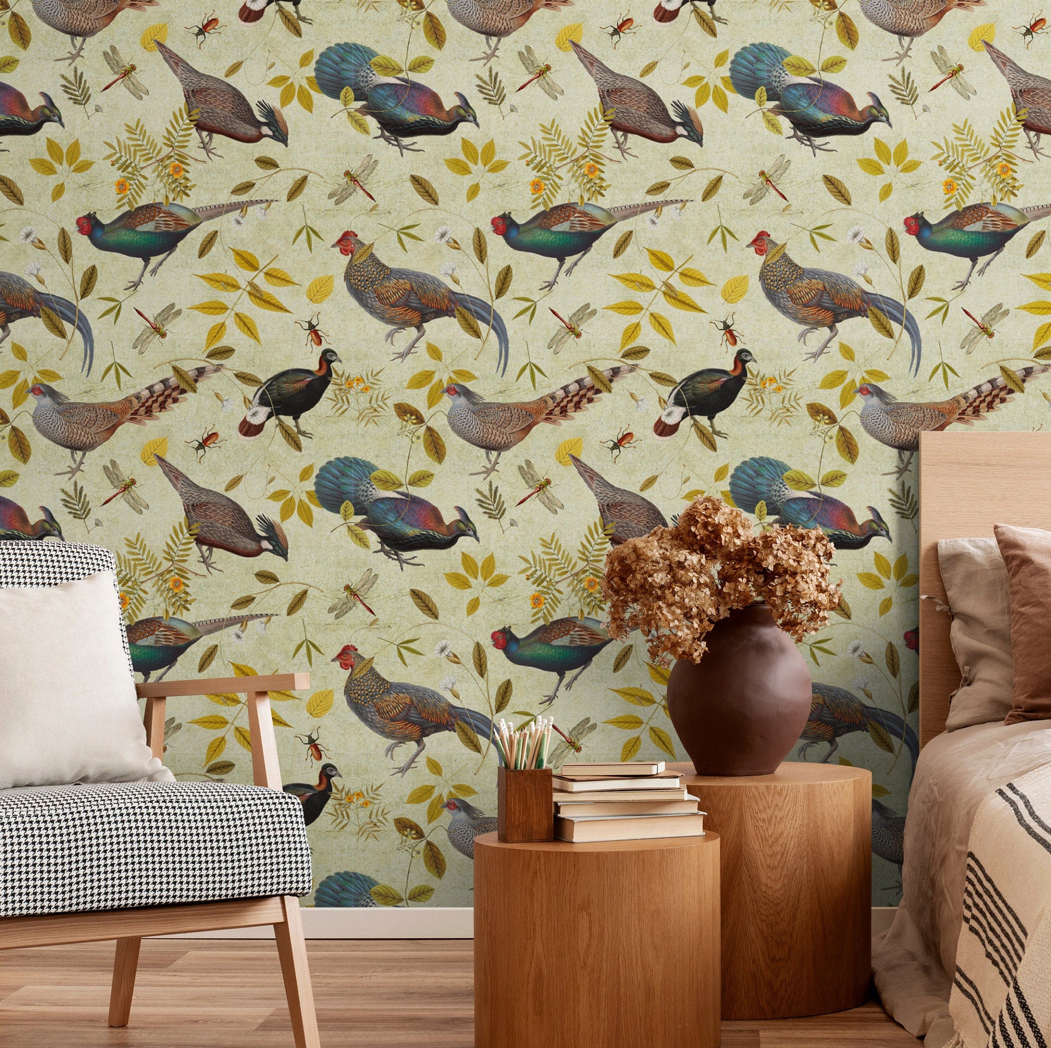 Hunting Wallpaper Peel and Stick, Vintage Style Wall Paper With Pheasant  Birds, Wall Decal Cabin Décor 