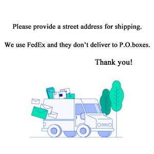 Peut inclure: Illustration d'un camion de livraison blanc avec des colis et des enveloppes sur le toit. Le camion roule vers un arbre vert. Le texte indique : "Veuillez fournir une adresse postale pour l'exp&eacute;dition. Nous utilisons FedEx et ils ne livrent pas aux bo&icirc;tes postales. Merci !"