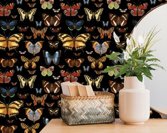 Dark Botanical Wallpaper with  Butterfly, Black Wall Paper Peel and Stick, Cute Wall Decor