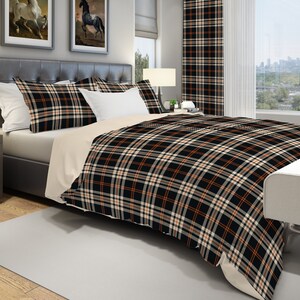 Dark Duvet Cover, Plaid Bedding Set, Checkered Duvet Cover and Pillow Shams, Retro Bedroom Decor