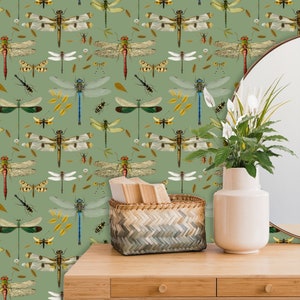 Dragonfly Botanical Wallpaper, Sage Green Peel and Stick Wall Paper, Cute Wall Decor for Any Room