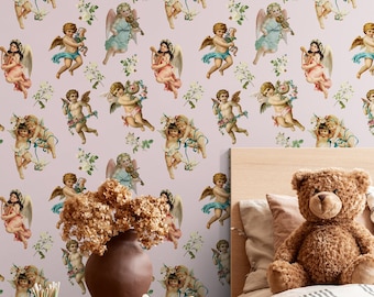 Pink Angel Peel and Stick Wallpaper: Removable Nursery Wall Decor