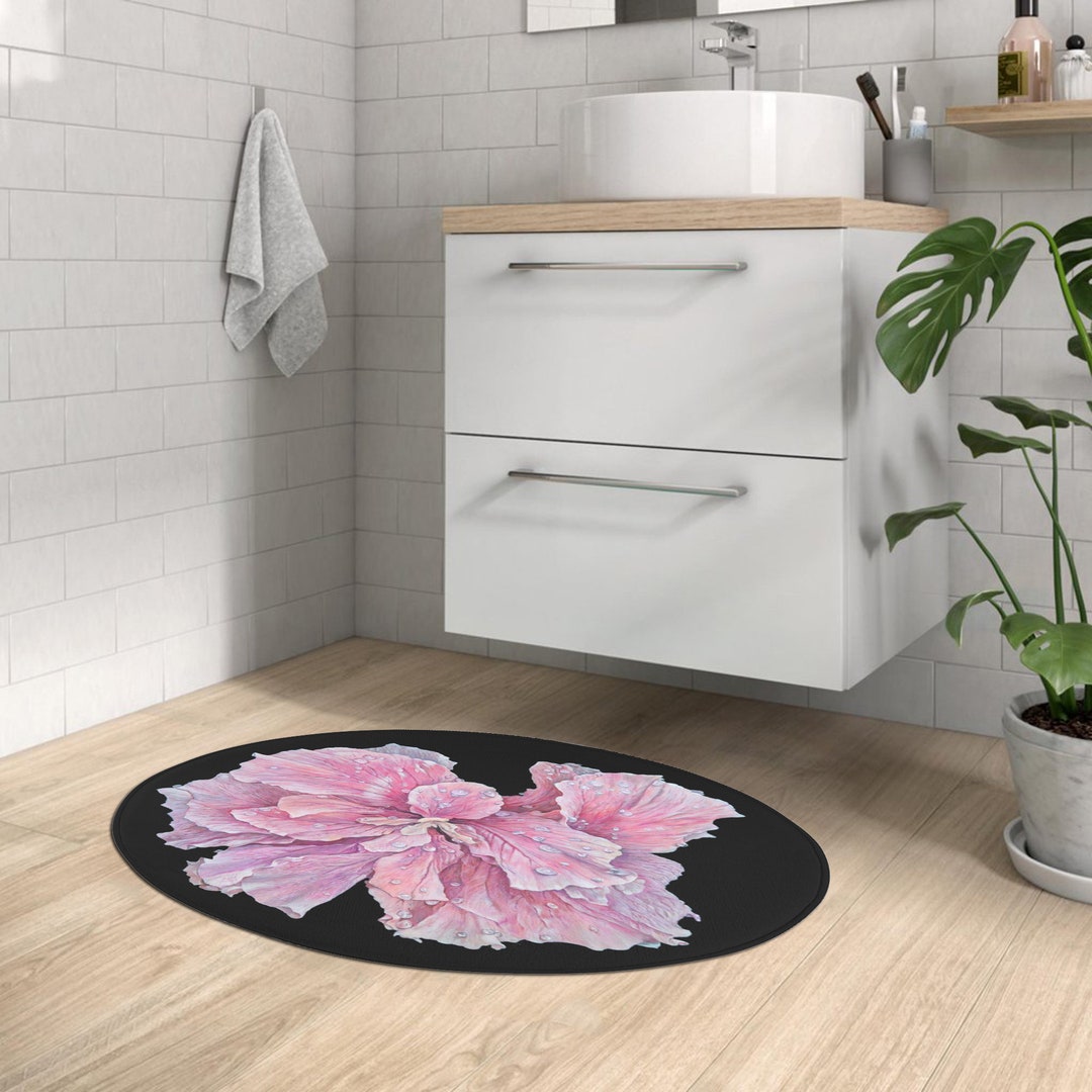 Black Bath Mat Round Bath Mat With Pink Flower Floral Etsy