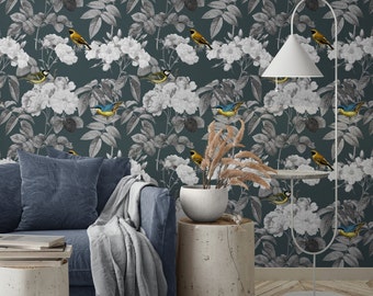 Peonies Wallpaper, Gray Wall Paper with Birds, Botanical Wallpaper ,Floral Peel & Stick Wall Mural