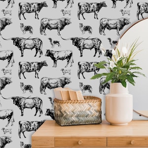 Farm Wallpaper with Cow, Farmhouse Wall Decor, Ranch Wallpaper, Gray Wallpaper Peel and Stick