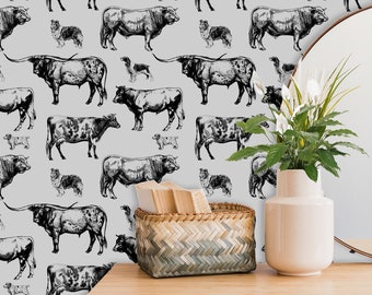 Papier peint ferme avec vache, décoration murale ferme, papier peint ranch, papier peint gris repositionnable