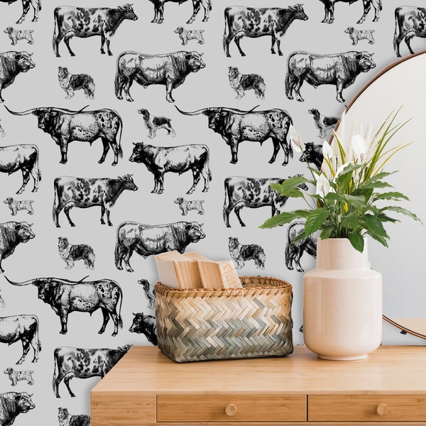 Farm Wallpaper with Cow, Farmhouse Wall Decor, Ranch Wallpaper, Gray Wallpaper Peel and Stick