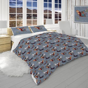 Equestrian Bedding, Blue Comforter and Pillow Shams Set, Horse Bedroom Decor, Farmhouse Bed Set